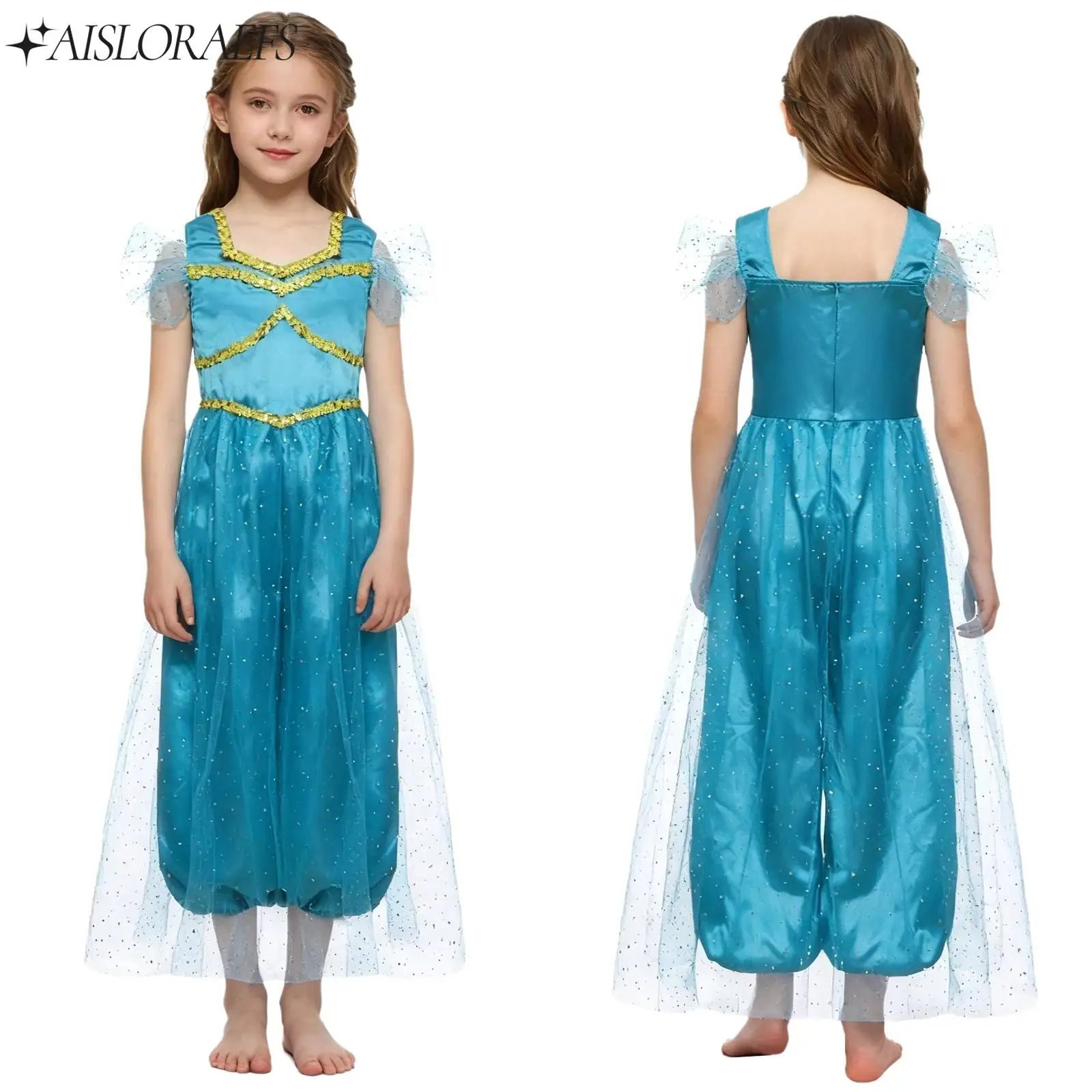 

Girl Halloween Bodysuit Arabian Princess Cosplay Clothes India Dance Animated Movie Character Dress Up Costume Sequins Bodysuit