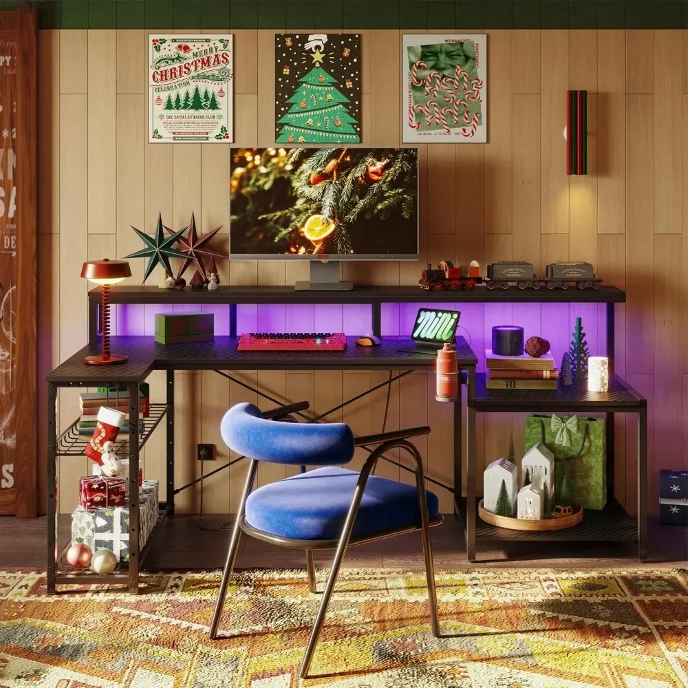 

# Игровой стол с розетками, большой L-образный угловой стол с полкой для хранения и длинной подставкой для монитора, компьютерный стол со светодиодной подсветкой 71,5