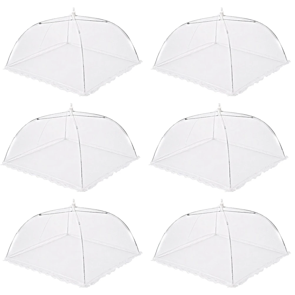 

6pcs Foldable Food Cover Tent Stainless Steel Mesh Dome 16 Inch White Lace For Bbq Picnic Camping Party Reusable Collapsible