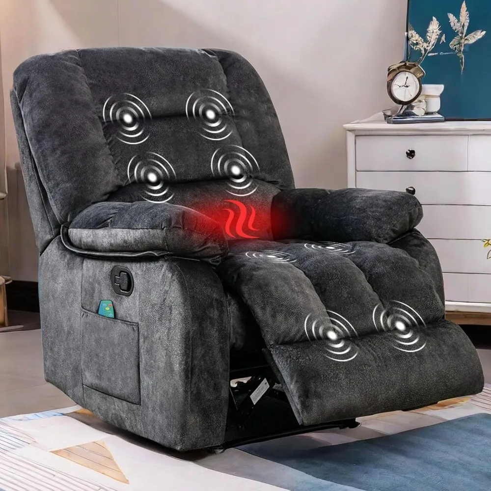 Overstuffed Massage Recliner Chairs with Heat and Vibration, Soft Fabric Single Manual Reclining Chair for Living Room Bedroom