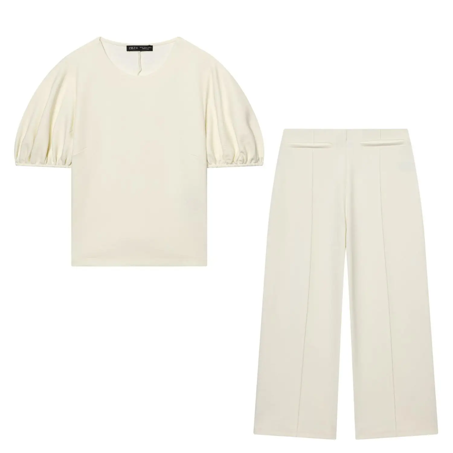 Cross-Border round Neck Bubble Sleeve Top Wide Leg Pants Set Women's Fashion Organic Cotton Casual All-Match  Color