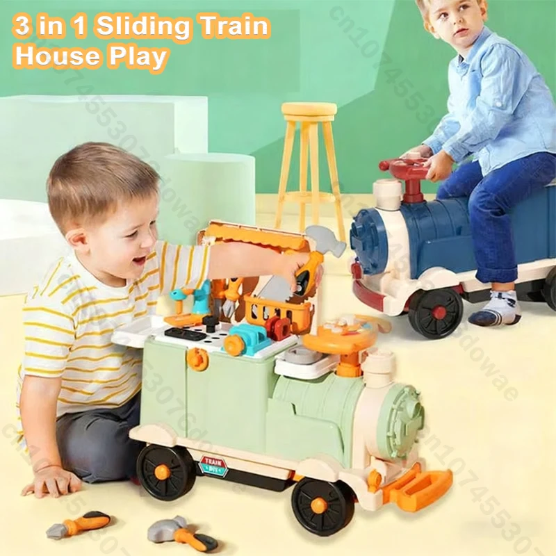 Tren deslizante 3 en 1, juego de cocina, herramientas médicas, caja de herramientas, volante de juguete para niños, sonidos para niñas y niños, regalo de Navidad