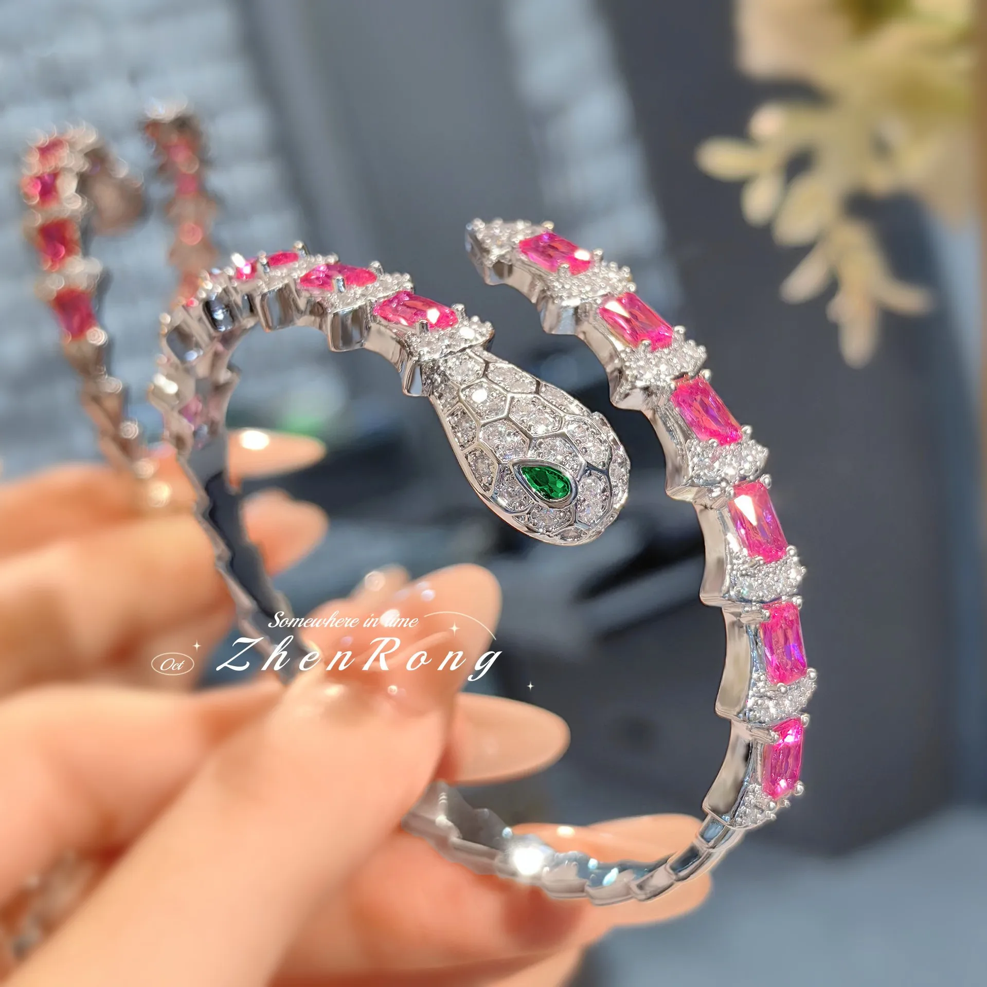 Fashion Temperament Inlaid Snake Silver Bracelet High Sense Spring Snake Bracelet Diamond Inlaid Snake Ring