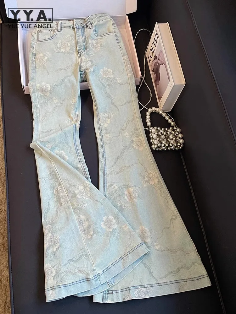 

2025 New Style Females Retro Micro Flared Jeans Chic High Waisted Printed Floor Fashion Easy Matching Daily Casual Denim Pants