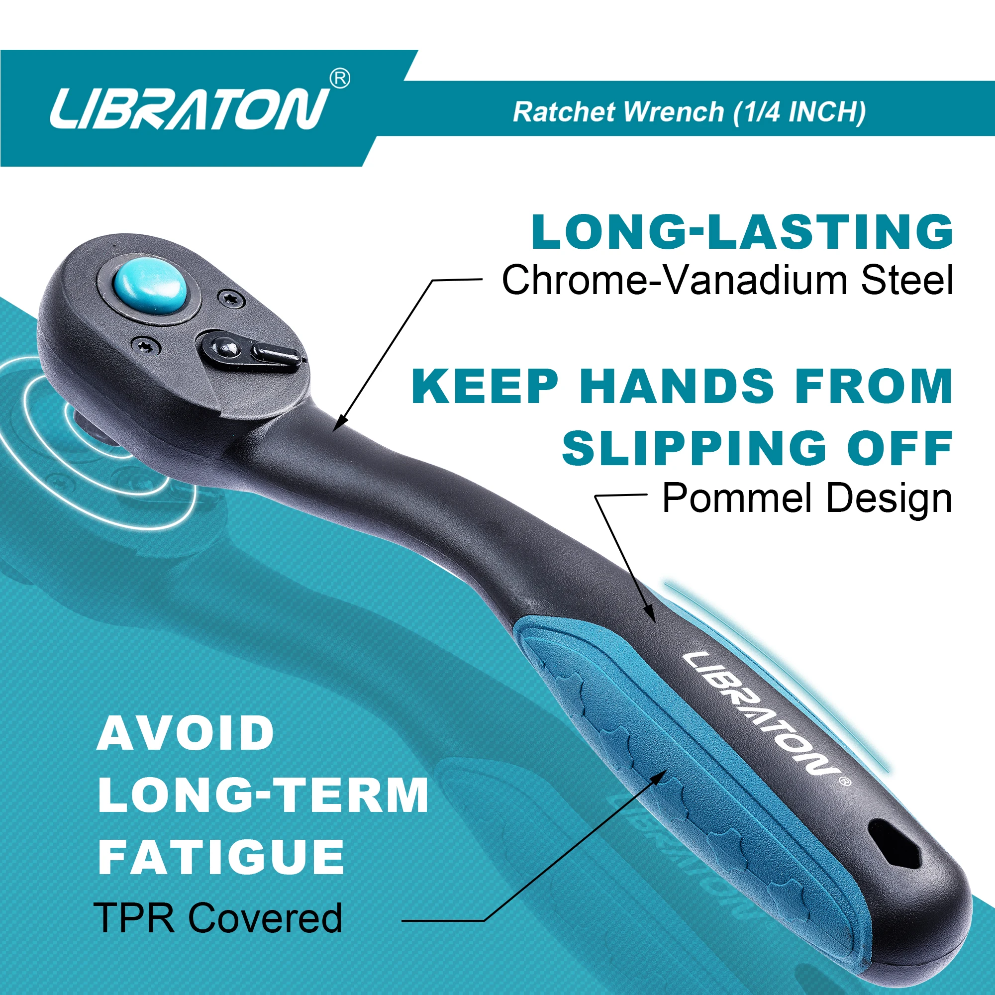 Libraton 1/4 Inch Ratchet 1-Pack, Ratchet Handle with Teardrop Head, Quick-Release Ratchet with Comfort Grip