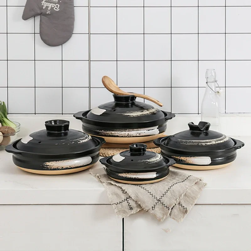 1 Pcs Ceramic Casserole Japanese Style Black Small Pot Clay Saucepan Home Kitchen Cookware Cooking Supplies Kitchen Pot Soup Pan