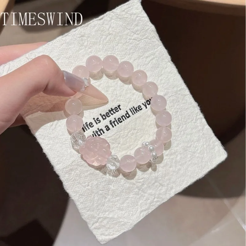 

TIMESWIND Original Crystal Natural Sweet Light Pink Beaded Cute Bear Women Bracelet Fashion Jewelry with Certificate