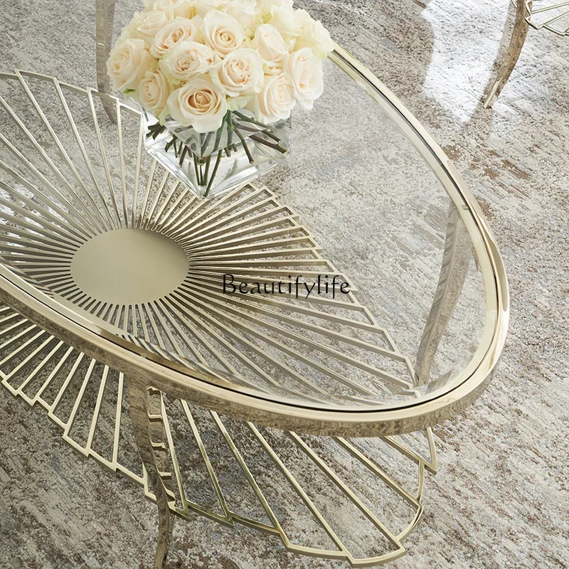 Stainless steel American light luxury glass coffee table oval metal tea table