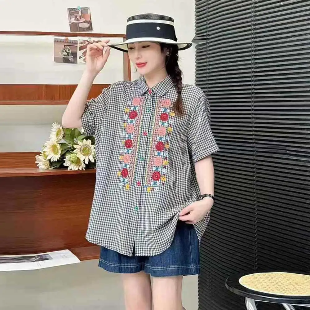 

Japanese Sweet Mori Girl Vintage Plaid Flower Embroidery Shirts Women Summer Turn Down Collar Short Sleeve Casual Loose Blouse