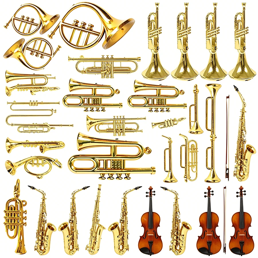 5/13/24PCS Mini Golden Musical Instrument Ornaments, Style Random Dollhouse Miniatures & Desktop Decorations