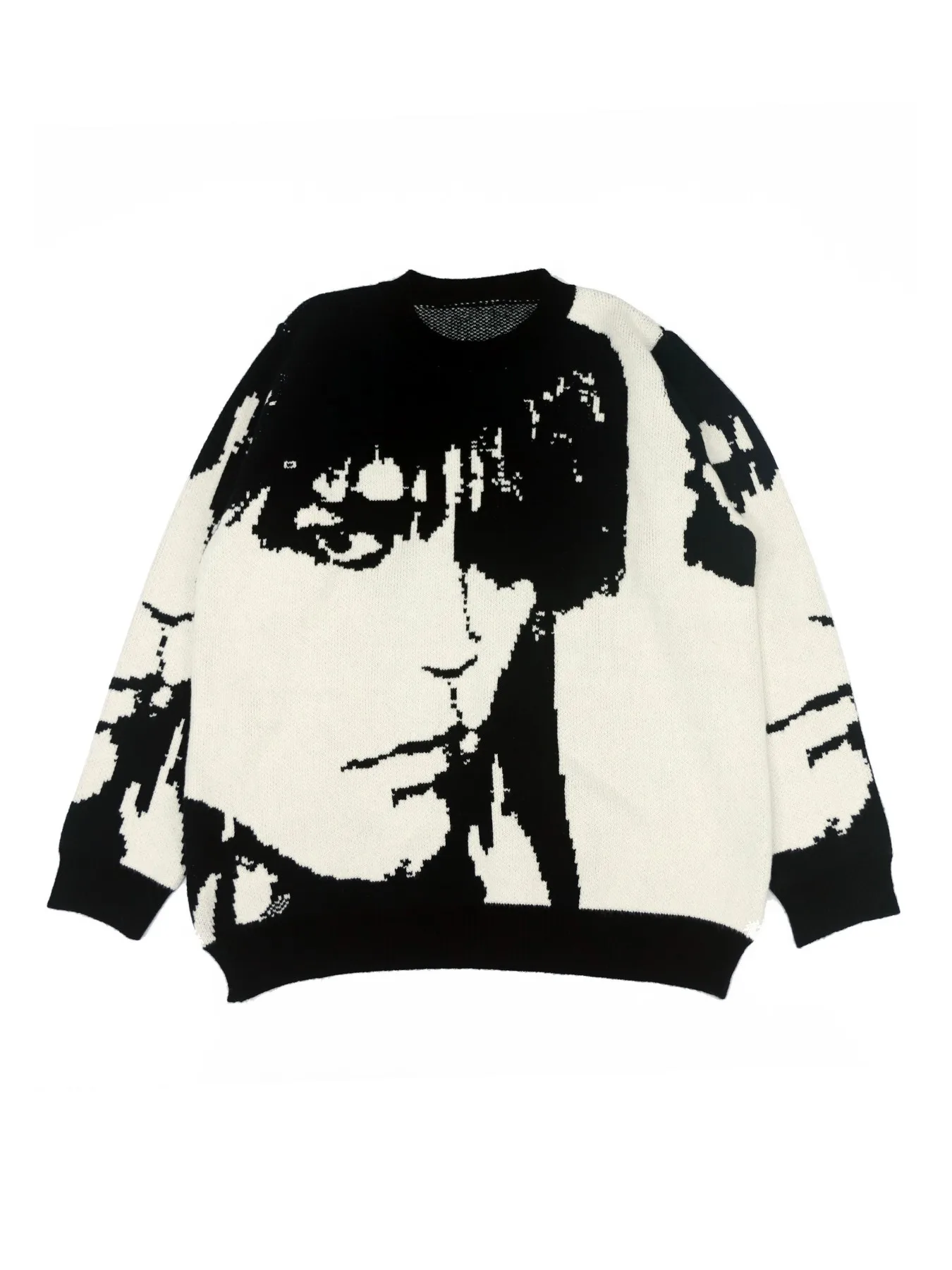 

Men's/Women's Black & White Portrait Knit Sweater Oversized Crew Neck Streetwear Pullover