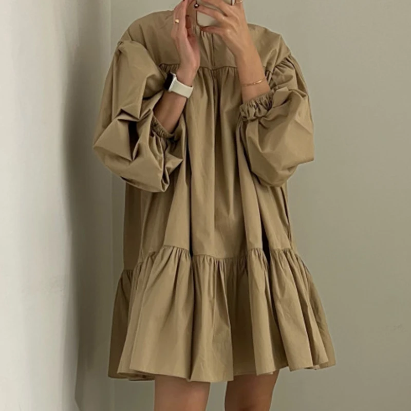 Vestido Casual Solto com Design de Camadas Psadas e Decote Redondo Simples, Estilo Vintage Chic de Outono, Moda Fena E...