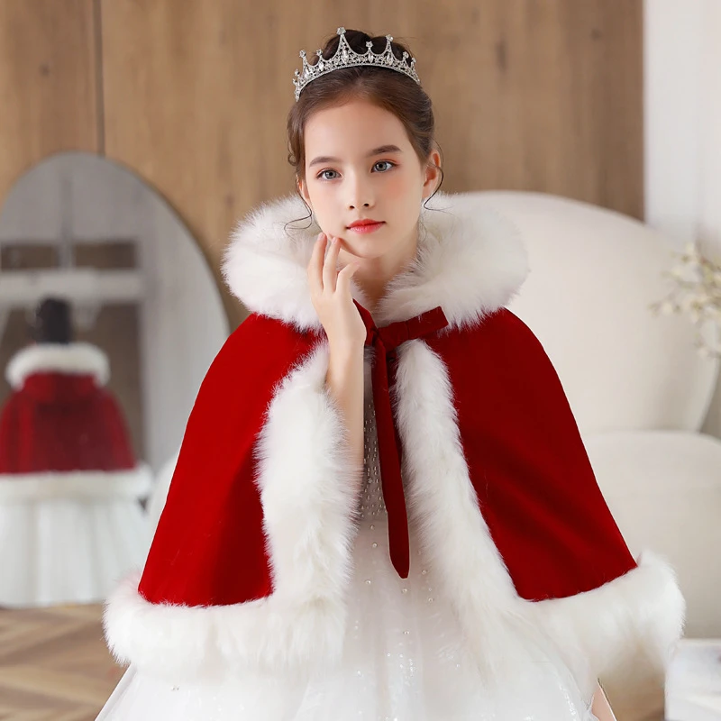 Customized Children and Adult Cape  Red Little Red Riding Hood Princess Winter Christmas Shawl Jacket Fur Collar Thickened