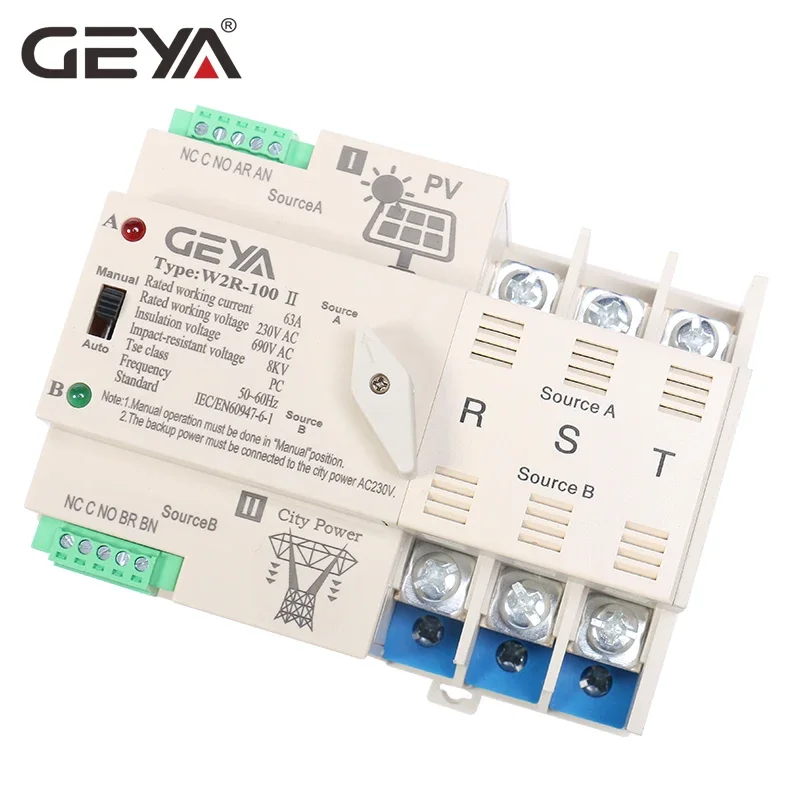 GEYA On-Grid Solar Power Interruptor de Transferência Automática, Trilho Din, 2P, 3P, 4P, 63A, 100A, AC 110V, 220V, ATS, Sistema PV, poder para Cidade Poder