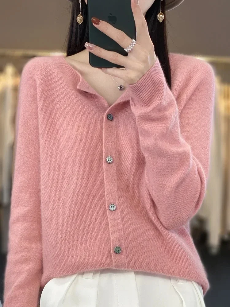 New Chic Spring Women‘s O-neck Grace Cardigan Sweater 100% Merino Wool Solid Cashmere Knitted Female Clothing Korean Style Tops