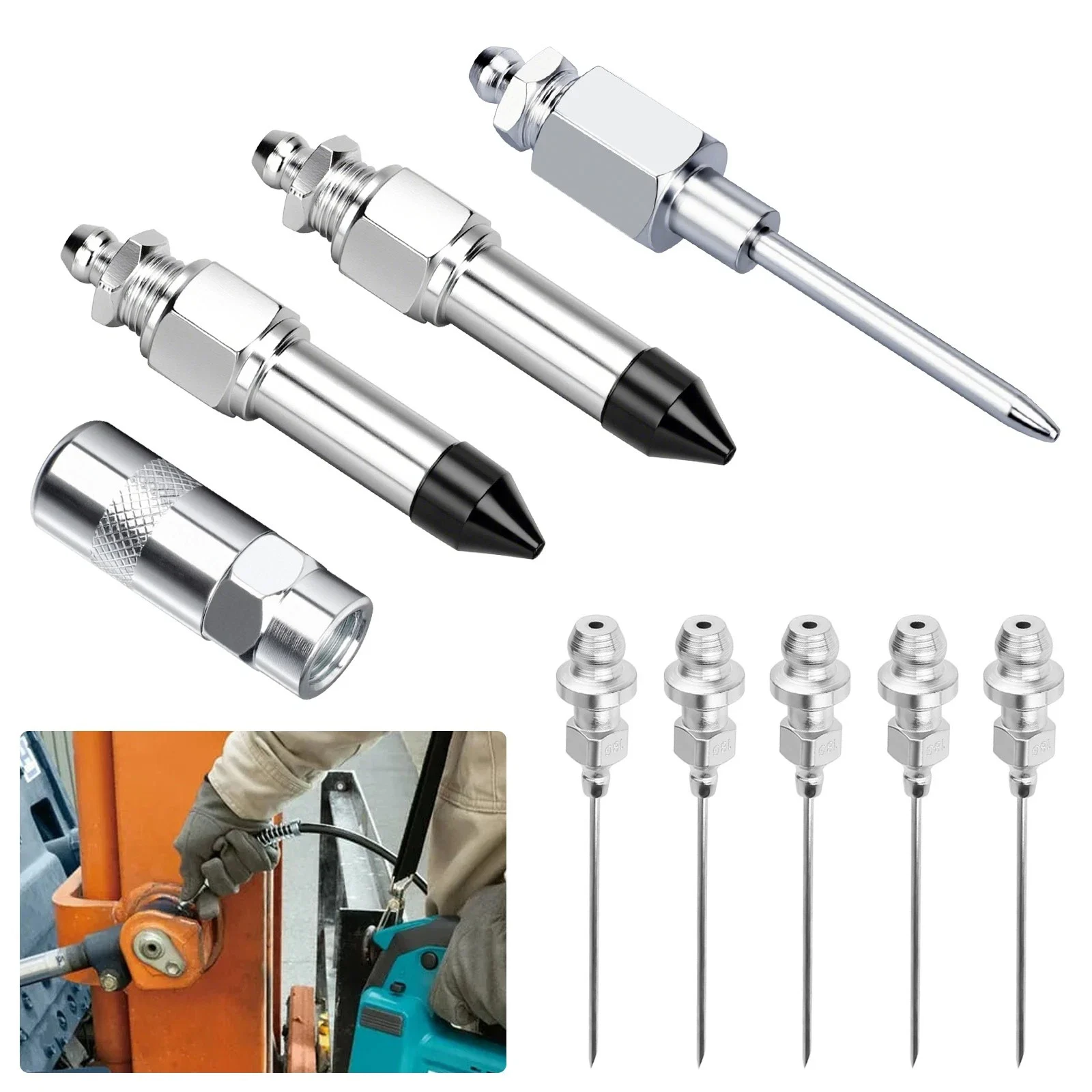 Grease Gun Needle Tip Anti Leaking Lubricating Grease Gun Injector Needle Nozzle Kit Car Repair Tools with Rubber Nipple