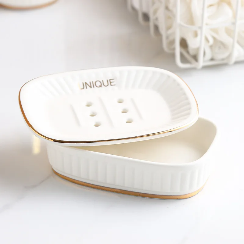 

Light luxury and simple ceramic soap box, gold-painted double-layer storage and draining soap box, household bathroom soap dish