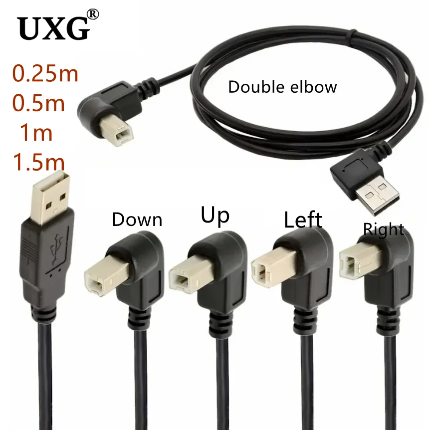 Podwójne kolanko Prawy Lewy Kąt USB A Męski do USB B Męski Typ B BM Skaner drukarki Kabel 90 stopni 30 cm 100 cm BM Kabel kątowy 1,5 m