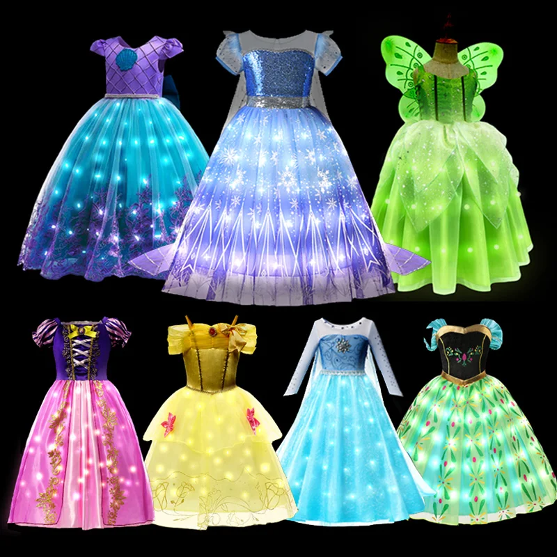 Halloween LED Light Princess Dress Girls Elsa Anna Elf Rapunzel Kid Birthday Party Clothes Cosplay Frozen Cinderella Costume