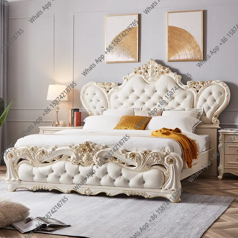 

European leather 1.8m double French solid wood bed luxury villa wedding master bedroom princess bed