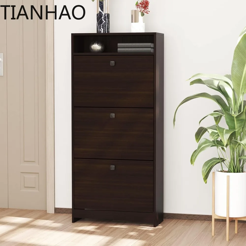 Slim Shoe Cabinet, Trendy Shoe Storage Cabinet with 3 Large Fold-Out Drawers & a Spacious Top Surface for Small Items,