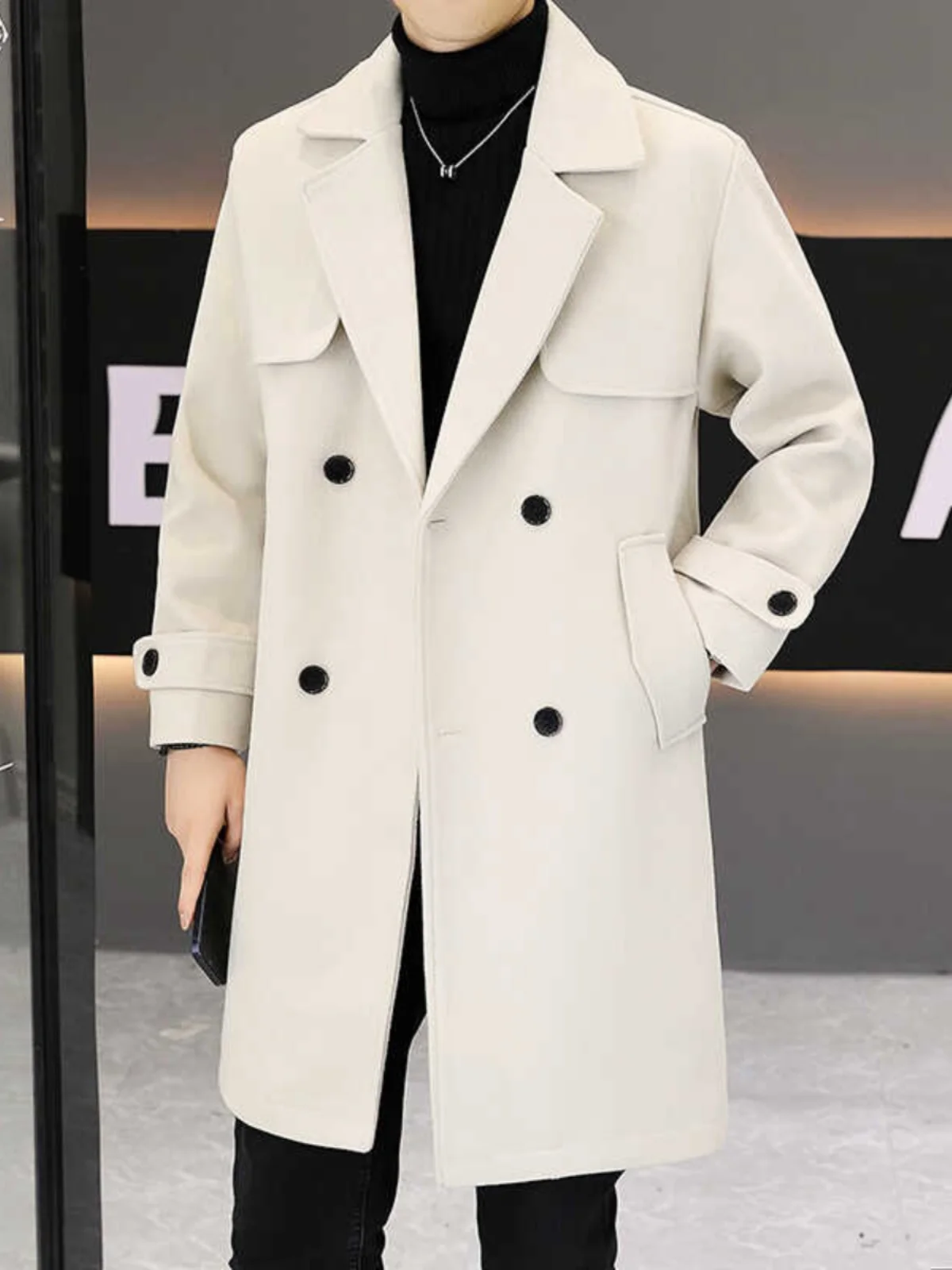 

Spring Autumn Men's Woolen Coat Casual Mid-Length Suit Collar Windbreaker Outerwear Korean Sle Youth Faion Polyester Fiber