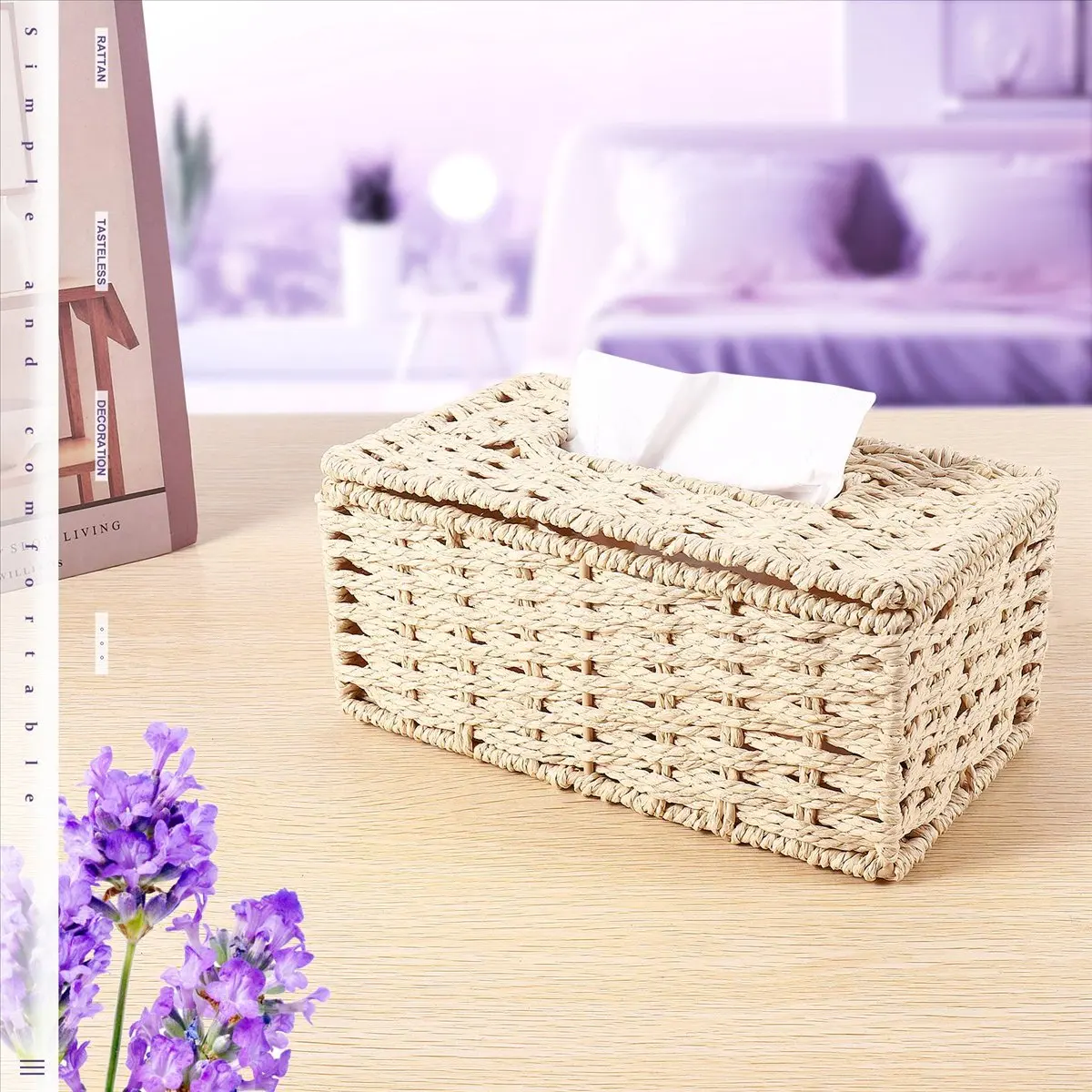 newA10R Rattan Tissue Box, Vintage Napkin Holder, Case Clutter Storage Container Cover, Living Room Desk Decoration (Beige)