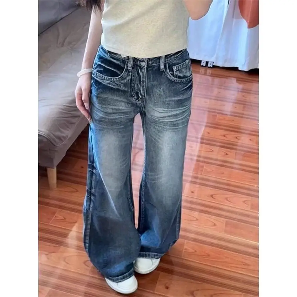 

Retro American Wide Leg Denim Jeans Women's High Waist Straight Washed out Trousers Trendy Casual Cotton Polyester Blend
