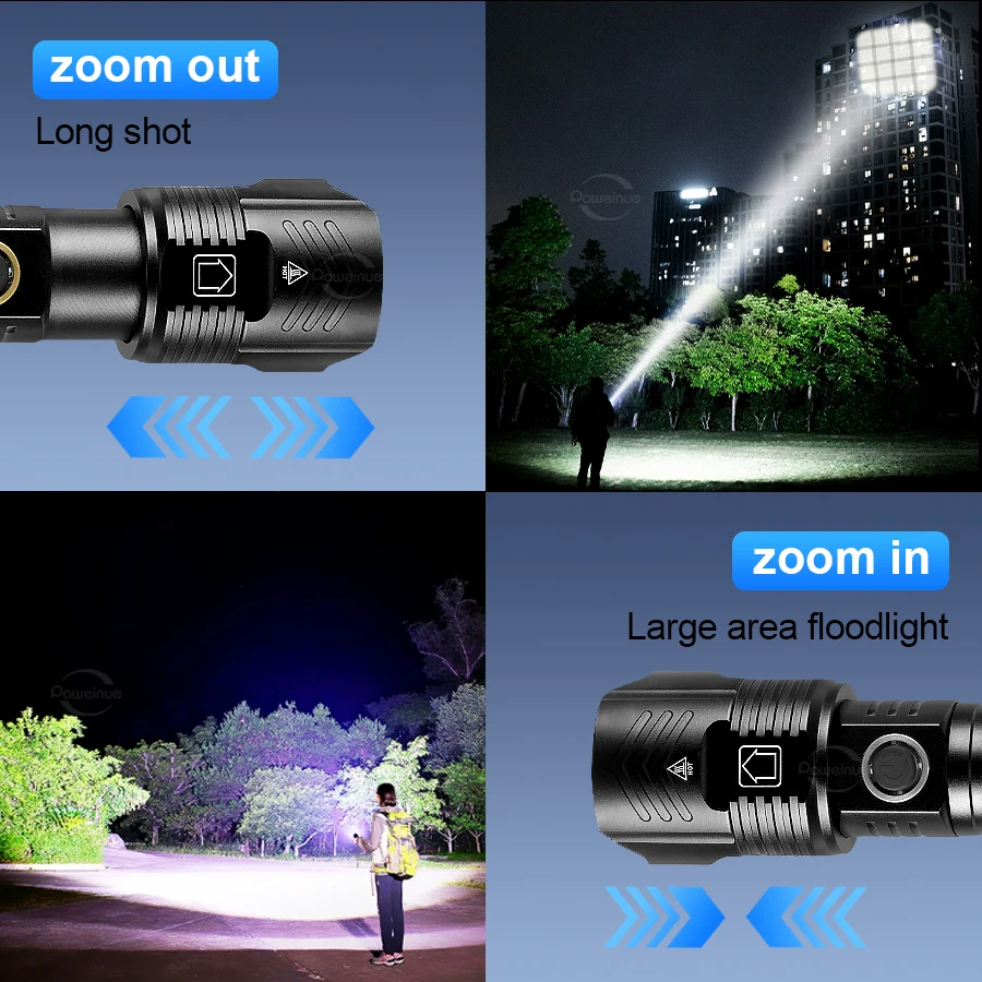 50000000LM High Power Rechargeable LED Flashlights Ultra Powerful 5 Modes Type-C Charging Hand Torch Lamp Outdoor Zoom Lanterns