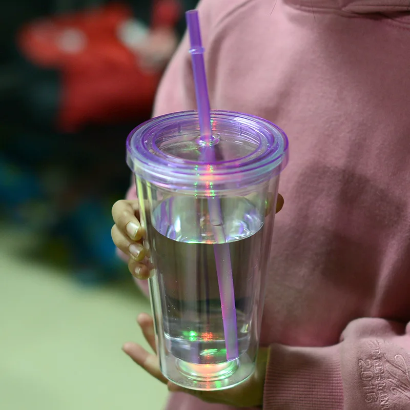 450ML With Lights Double Walled Plastic Cold Drink Juice Smoothie Tumbler Mug Cup With Straw Reusable Travel Water Bottle Iced