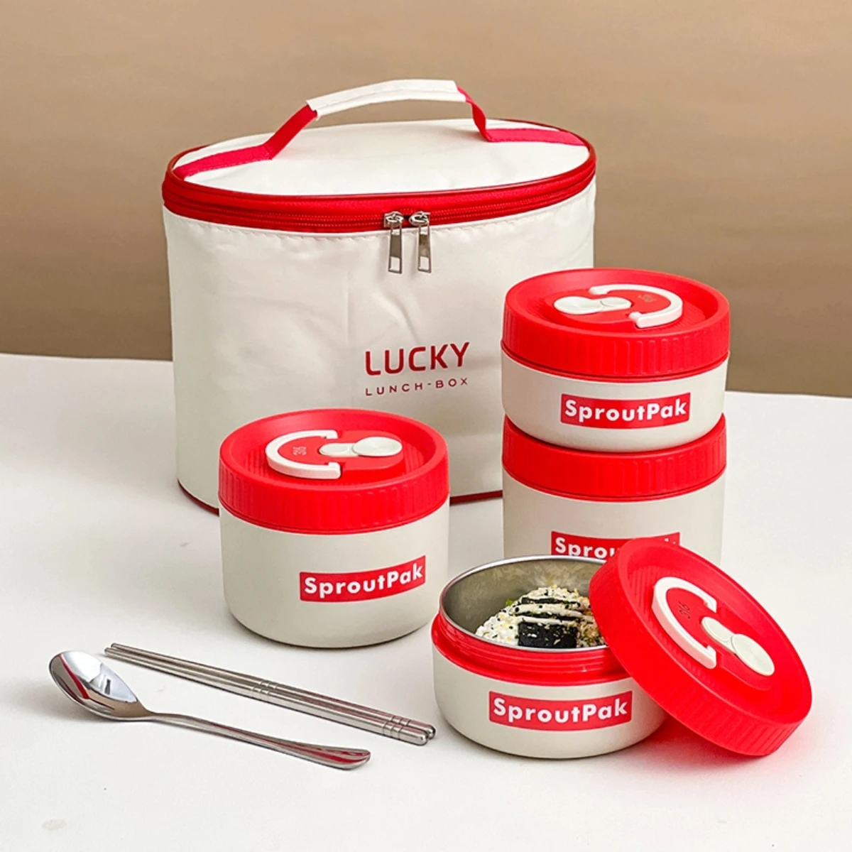 WORTHBUY 304 Stainless Steel Insulated Lunch Container With Handle Stackable Lunch Box Kids Students Sealed Thermal Bento Box