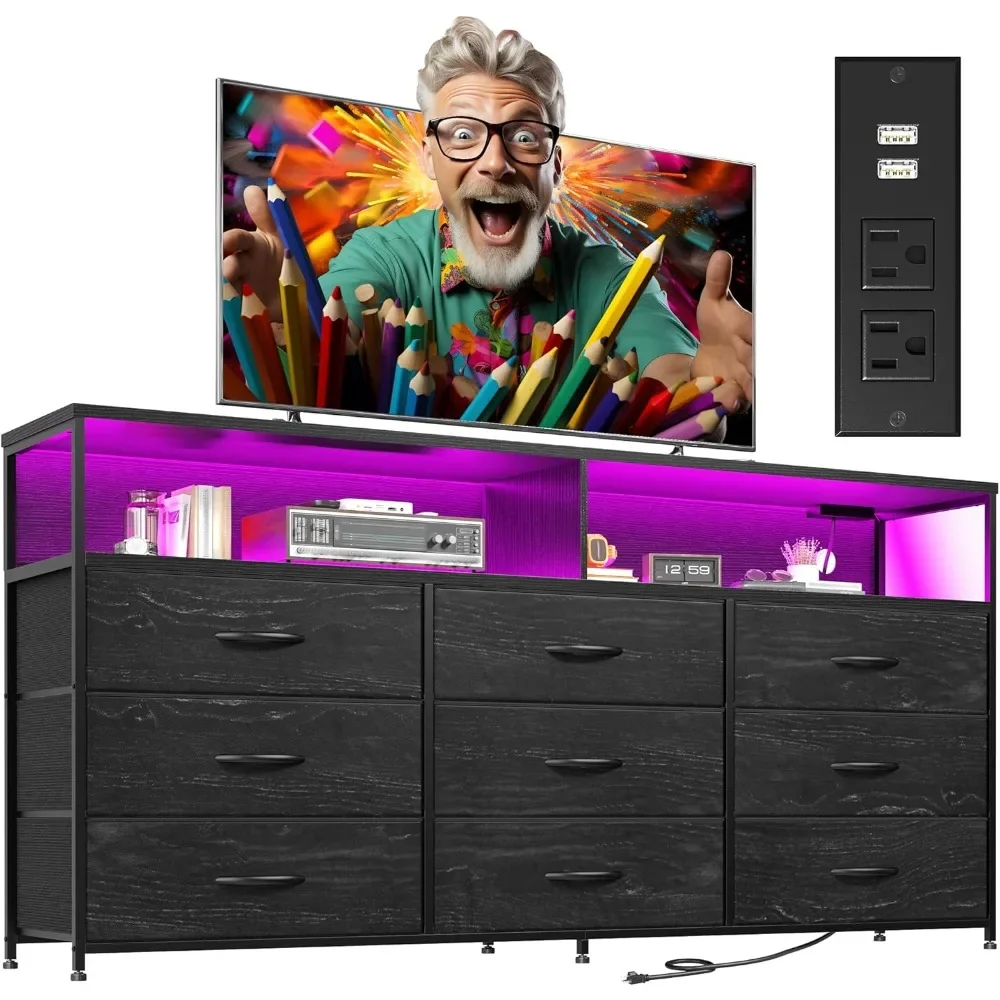 Cômoda preta de 55 polegadas de largura para quarto com estação de carregamento e LED, suporte de TV 65 para quarto com 9 gavetas de tecido, cômoda resistente