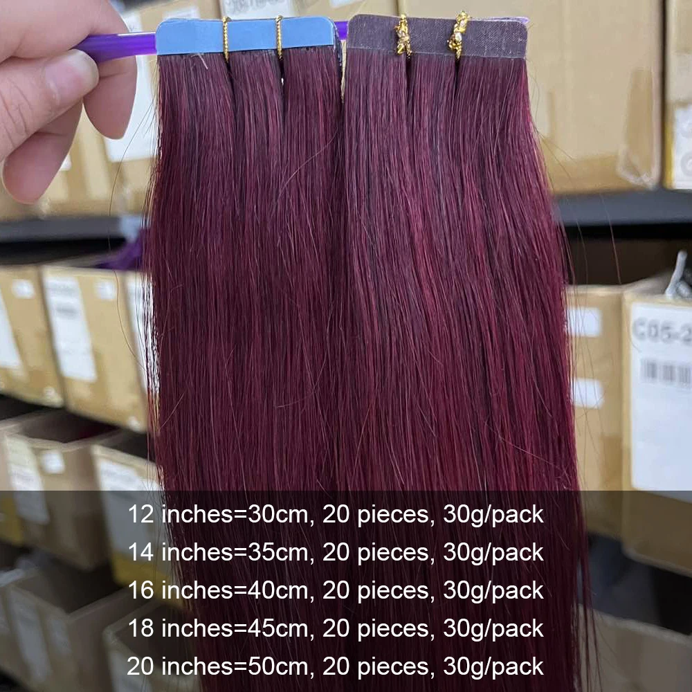 99J# Invisible Tape in Human Hair Extensions 30g/pack Burgundy Real Natural Straight Human Hair for Women