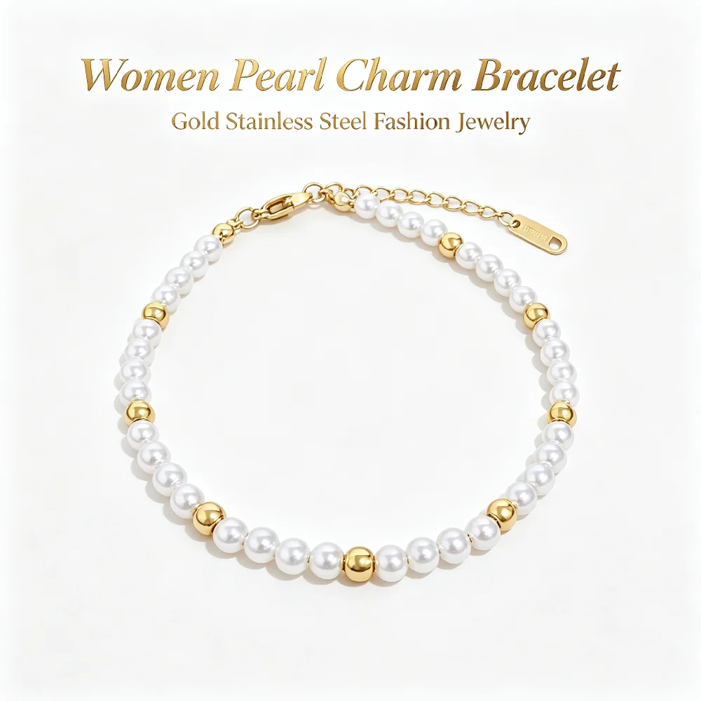 Greatera Brand Woman Minimalist Fashion Stainless Steel String Bead Pearl Bracelet Party Classic Waterproof Jewelry