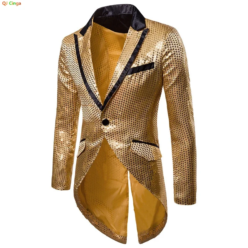 Blue V-Neck Long Sleeve Tuxedo Men\'s, TV Performance Magic Long Jacket, Glitter Sequin Decoration Red Gold Black Blazers S-XXL