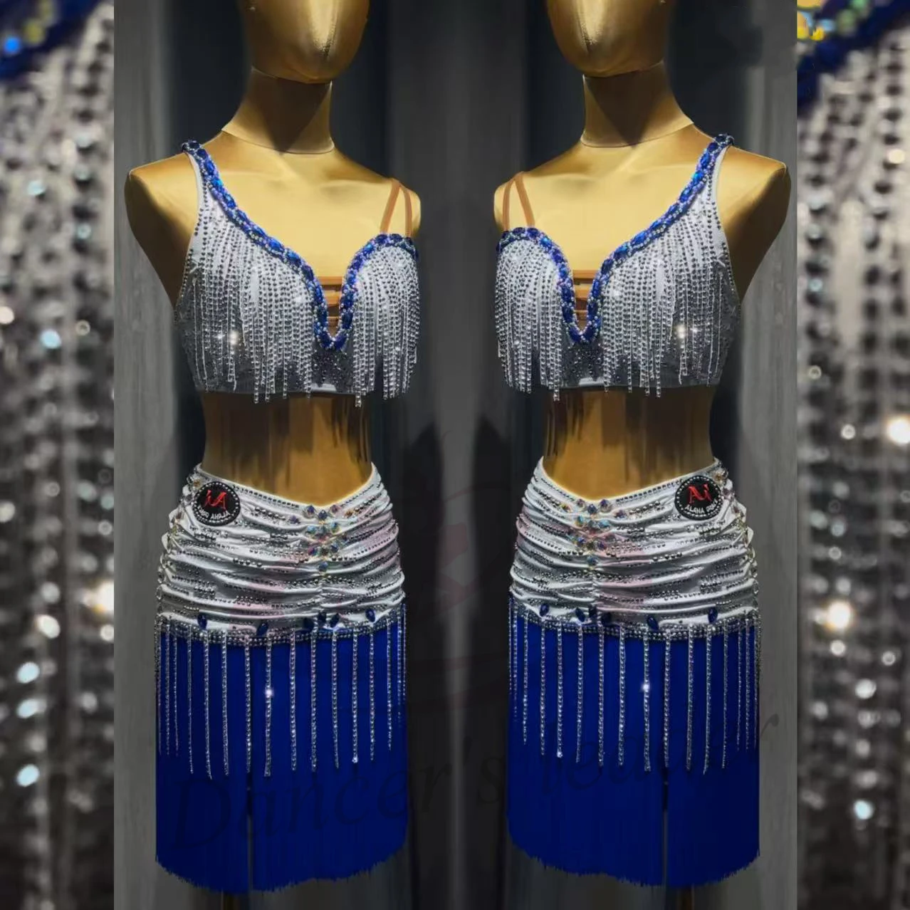 

Latin Dance Costume AB Stone Female Adult Children High-End Customized Silver Sapphire Blue Dress Black Pool Samba Dress