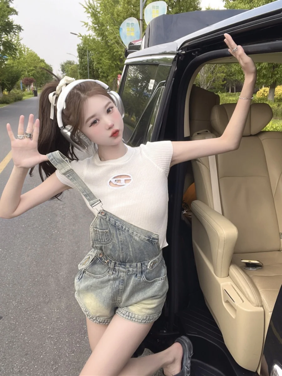 

Summer 2026 Women's Denim Overalls High Waist Wide Leg Short Pants Anti-Stain Cotton Stretch Blue Jeans Hot Girl Shoulder Strap