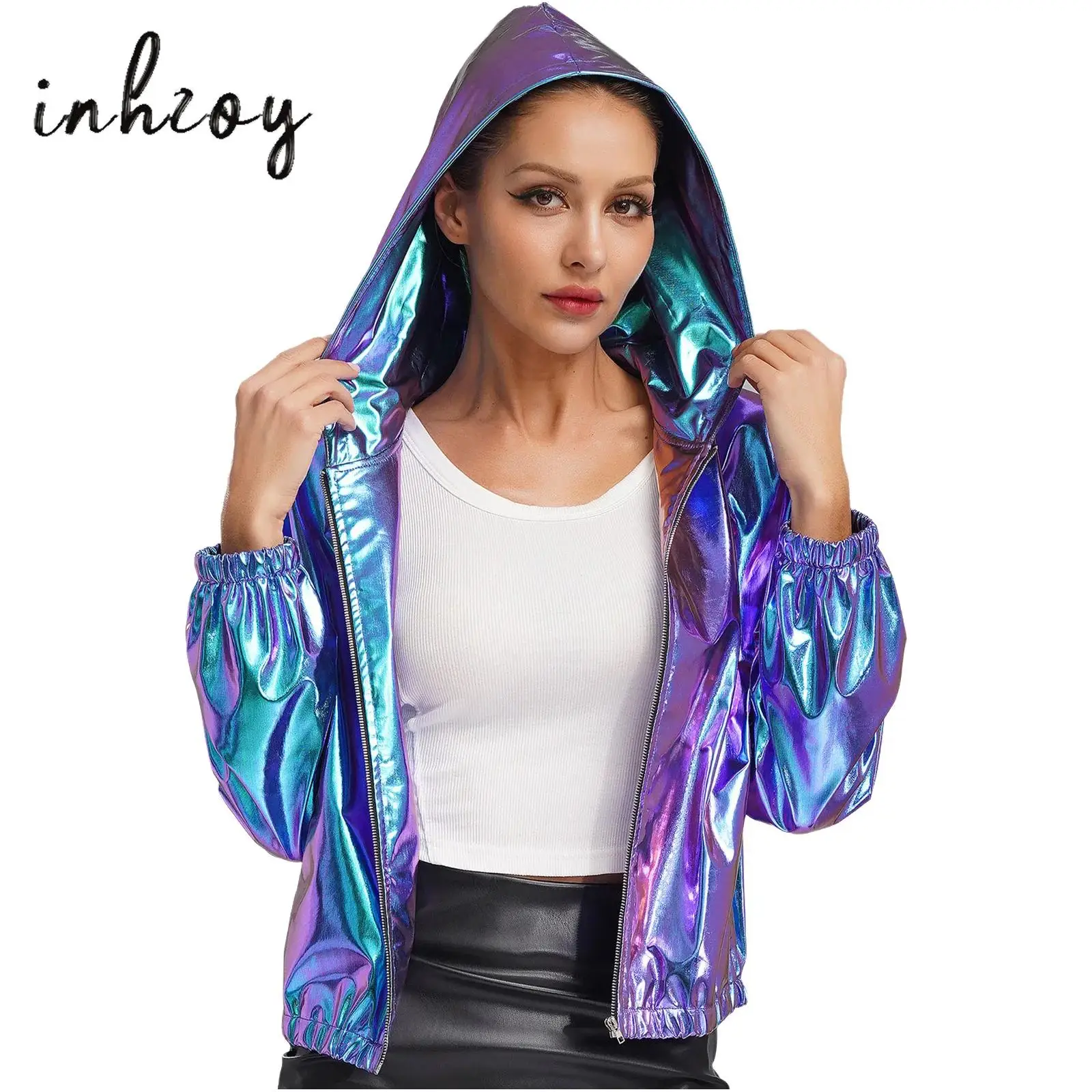 Women Holographic Bomber Jacket Long Sleeve Hooded Zipper Jacket Coat Sparkly Metallic Short Outwear Fashion Dancing Clubwear