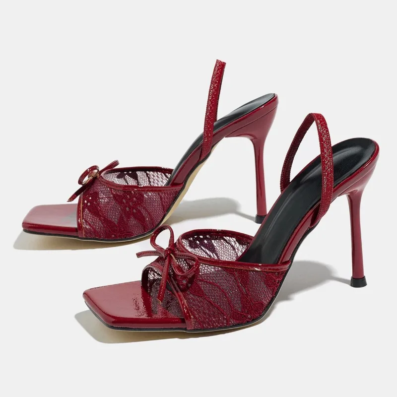 

Lace Mesh Bowknot High-heeled Sandals Women Open Toe Fashion Thin Heeled Slippers Women Black Hollow Sexy Banquet Party Shoes