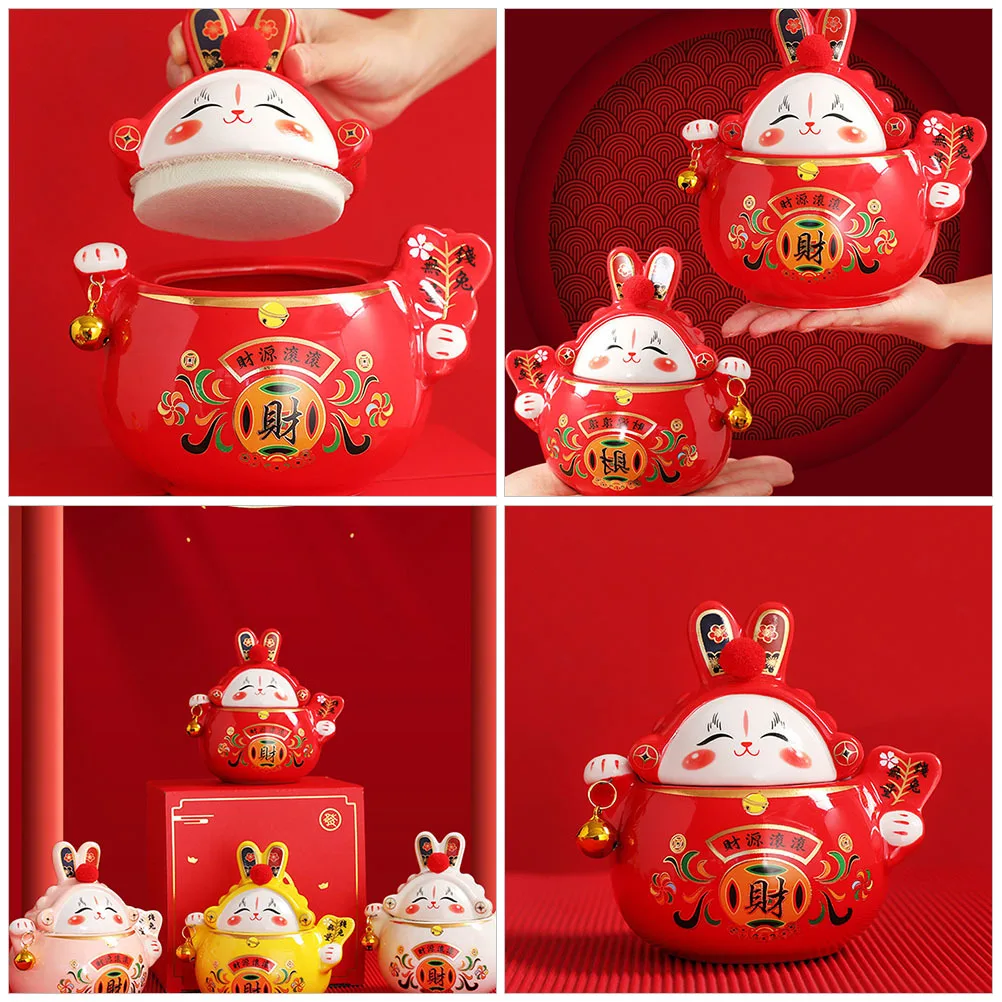 

Ceramic Sealed Tea Jar Porcelain Chinese New Year Rabbit Design Large Capacity Exquisite Office Restaurant Tea Room