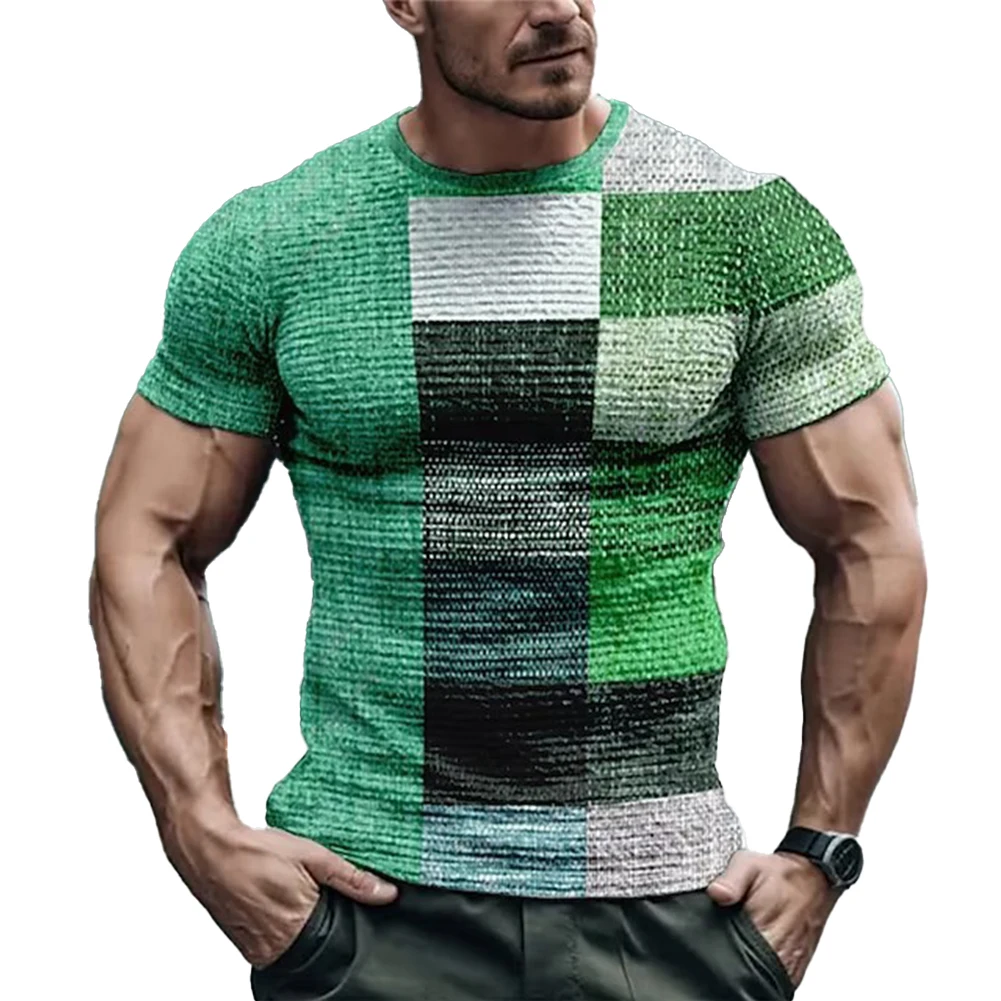 Mens Vintage Plaid Round Neck Short Sleeve T-shirt Blouse Muscle Activewear Top