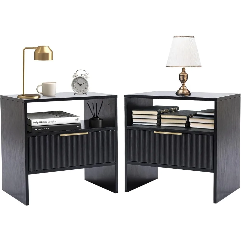

Набор тумбочек из 2 прикроватных тумбочек с выдвижным ящиком для хранения, современная прикроватная тумбочка, торцевой столик, рифленая тумбочка середины века для