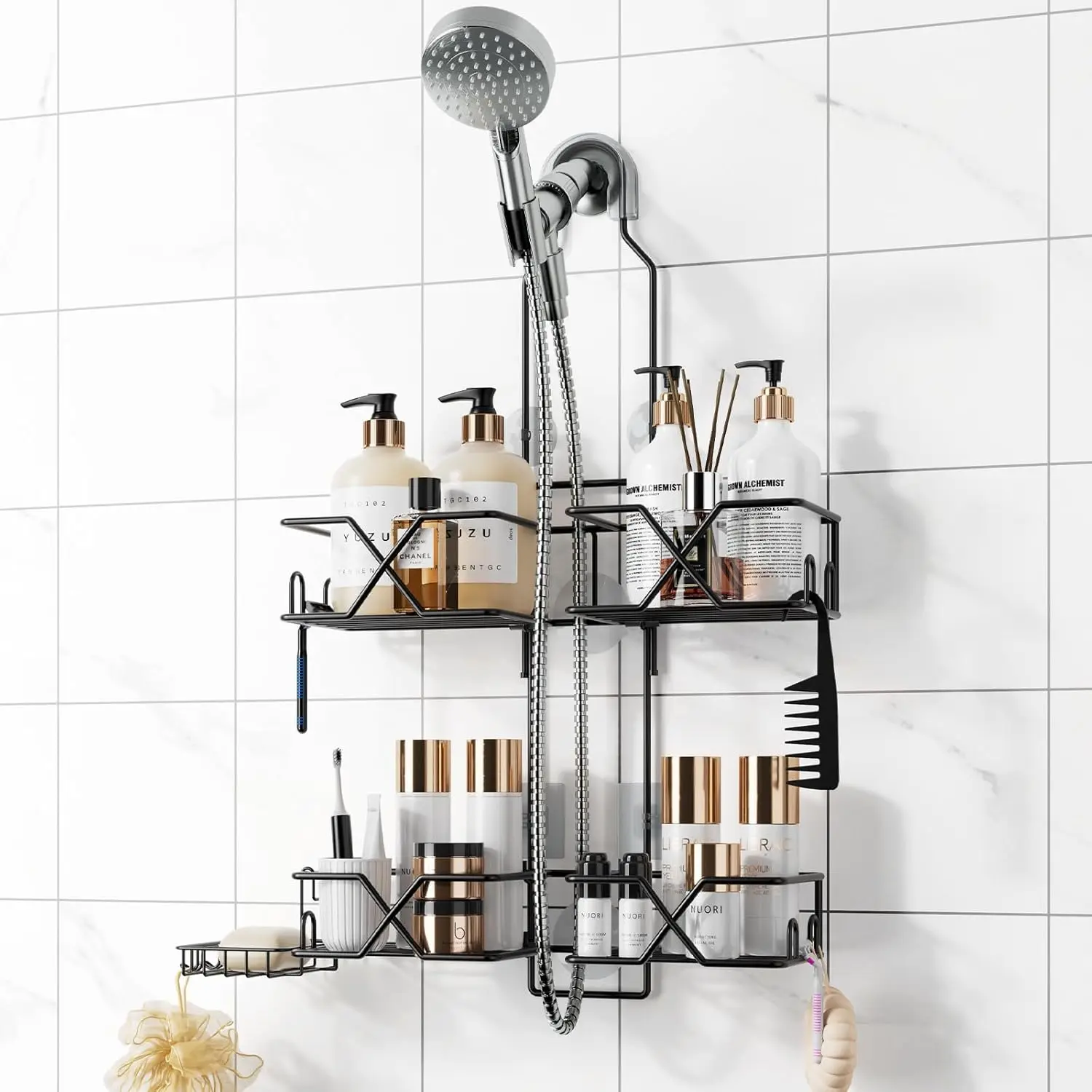

Adjustable Height Shower Caddy Hanging for Handheld Shower Heads, Shower Racks with Soap Holder 8 Hooks, No-Drilling, An