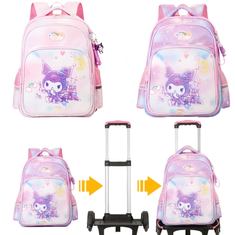 Sanrio Kuromi Rolling School Bag Stair Climbing Wheel Bag Children's Backpack Cartoon Pull Rod Knapsack Girls Christmas Gifts