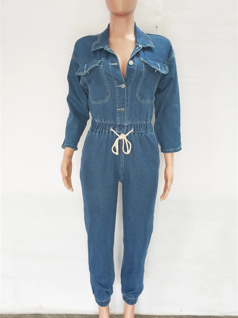 Streetwear Denim Jumpsuits Women Summer Clothes Half Sleeve Button Up Long Rompers Playsuits One Pieces Jeans Pants Outfits