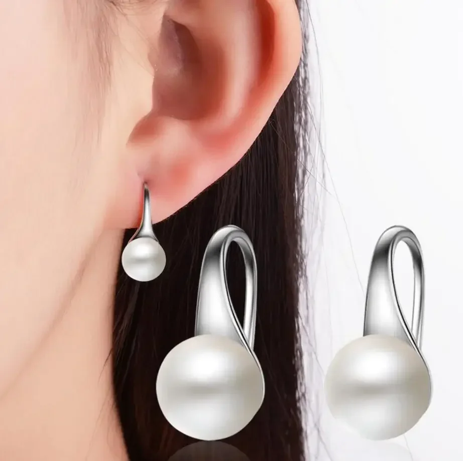 Korean Fashion 925 Sterling Silver Earrings For Women Round Natural Freshwater Pearl Hook Dangle Drop Wedding Gifts Jewelry