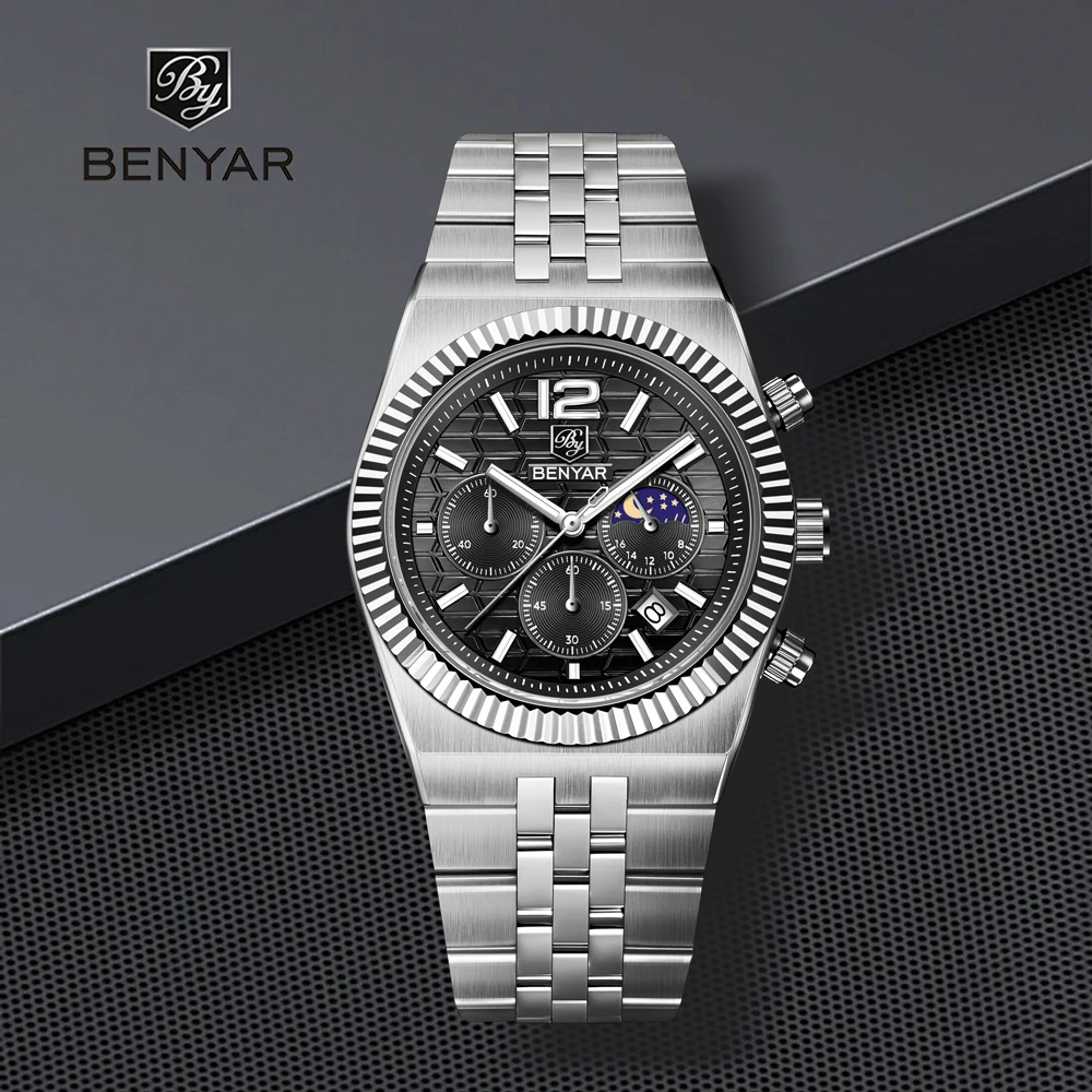 

2025 Новые дизайнерские часы Benyar, деловые автоматические часы для мужчин, модные кварцевые мужские часы с волнистым циферблатом 40 мм, спортивный хронограф