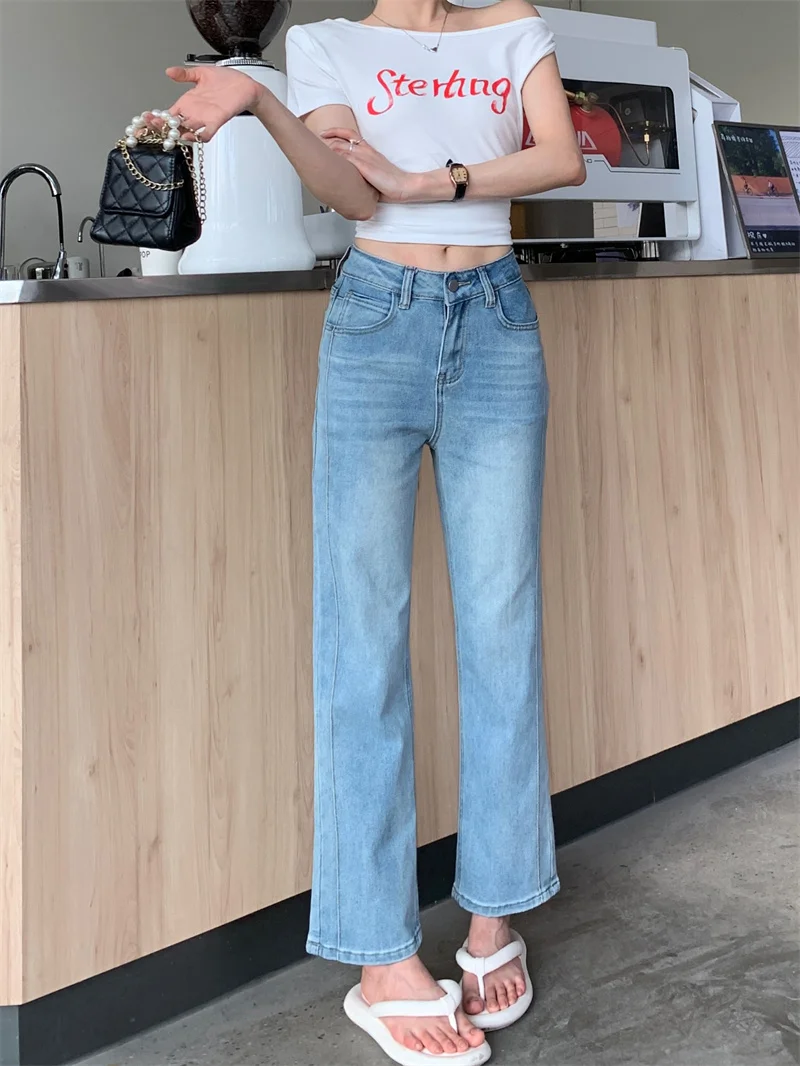 Women Spring Autumn Light Blue High Waist Straight Leg Jeans Light Wash Slim Fit Versatile Flare Long Pants