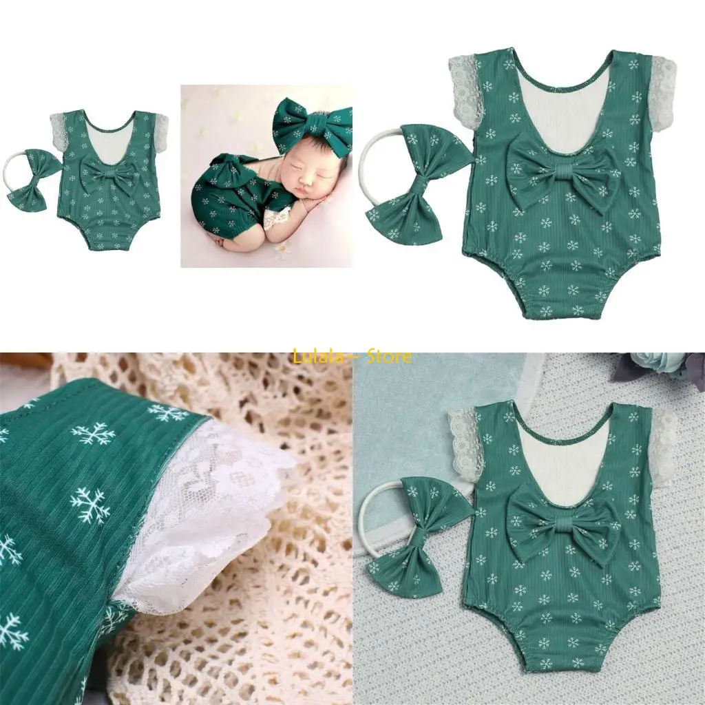 Y4QA Photography Props for Baby Girls 0-1M Photo Costume Christmas Outfit Bowknot Headband Romper Newborn Festival Clothes