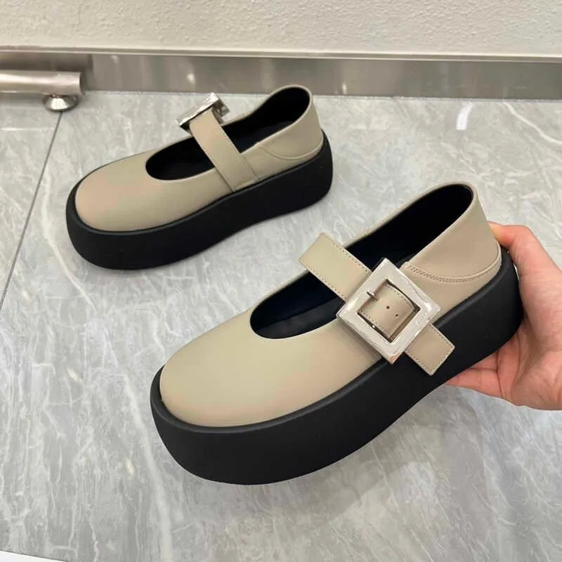 Women Are Still Thick Sole Single Shoes Autumn New Shallow Mouth Metal Buckle Soft Sole Increase High and Low Top Shoes